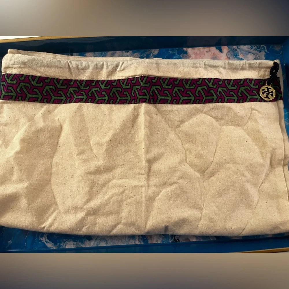 Tory Burch dust bag, 17” x 19” drawstring gold charm ivory/purple/green